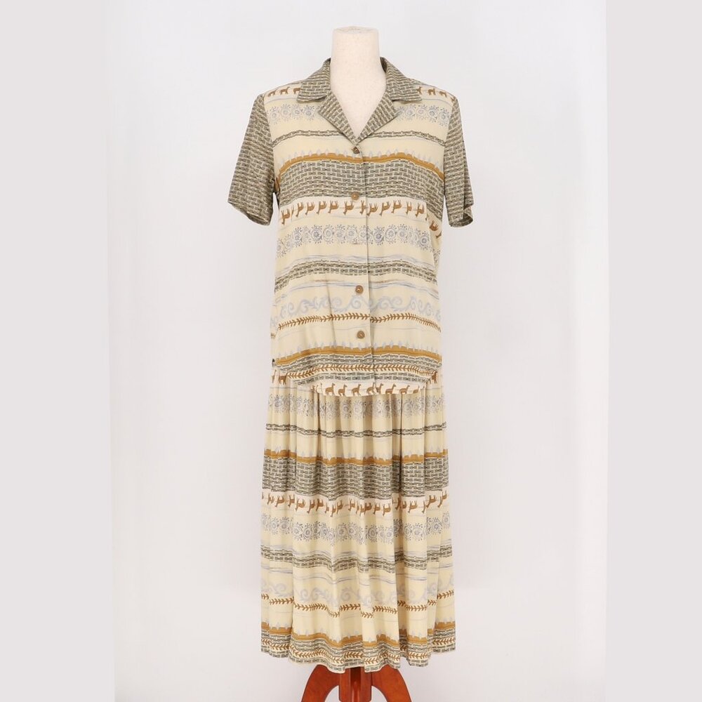 Vintage ALI MILES Button Front Shirt and Midi Skirt Set Rayon Size M